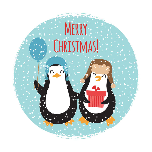 可爱的企鹅圣诞快乐复古贺卡设计图片下载