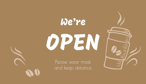 我们是开放矢量飞行者。咖啡杯与盖子矢量插图。请佩戴口罩，警告。保持距离的信息。我们为印刷品，咖啡厅，菜单，餐厅，广告公开信息。咖啡的横幅图片下载