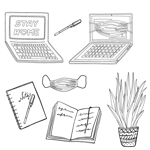 远程工作属性集。在线工作相关图标笔记本，记事本，笔，笔记本，医用口罩，盆栽植物。可用于背景，信息图，打印，贴纸。孤立现代向量集图片下载