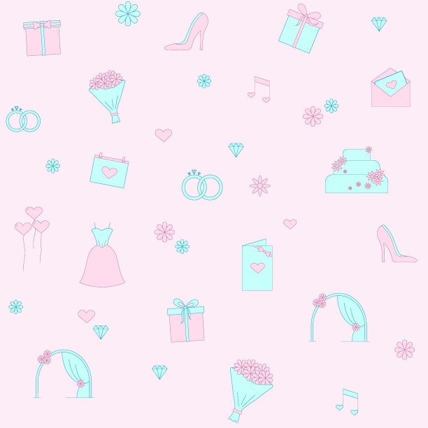 无缝矢量图案气球，音乐笔记，婚礼蛋糕，花，婚纱，未婚妻的花束，装饰蛋糕，礼盒与弓，拱形仪式，戒指，钻石，宝石，日历图标图片下载
