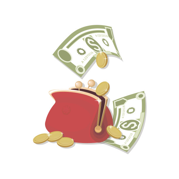 红色的钱包。现金。美元符号，金币。落钱孤立在白色背景下。图片下载