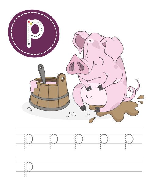 学习写字母- p.一套儿童练习游戏中的实用表格。卡通有趣的农场动物字母。拼写字母。儿童发展和教育。猪-矢量。图片下载