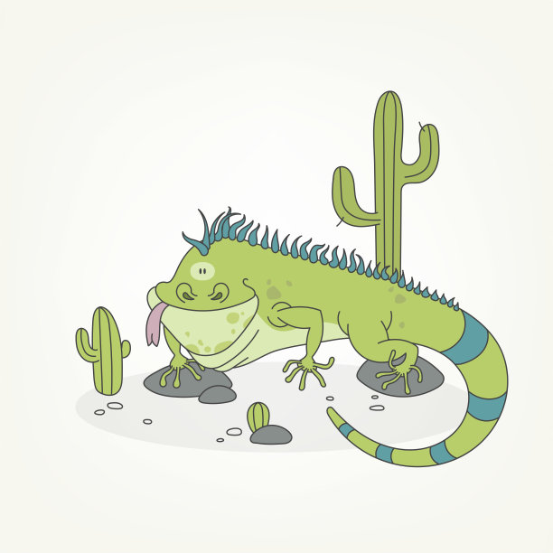 爬行动物的卡通人物。有趣可爱的鬣蜥摆姿势之间的石头和仙人掌。矢量图图片下载