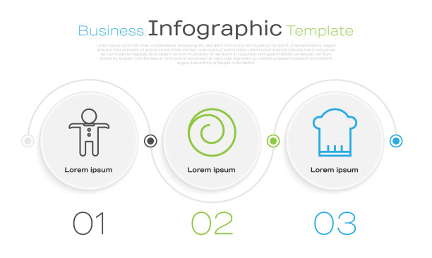 套装节日姜饼人饼干，肉桂圆面包和厨师帽。业务信息图模板。向量图片下载