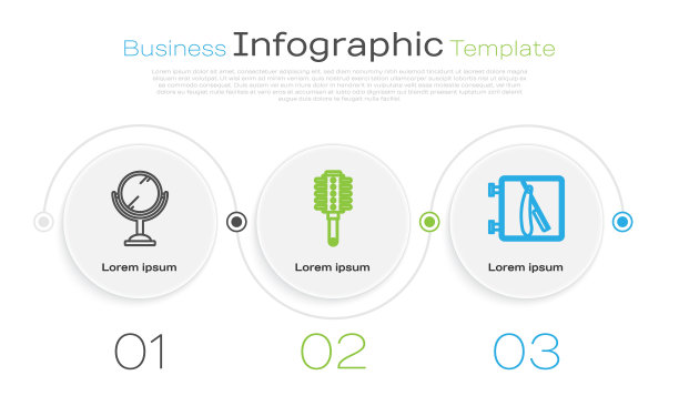 设置线手镜，梳子和理发店与剃刀。业务信息图模板。向量图片下载