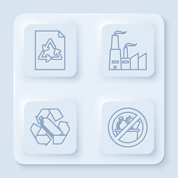设定线纸与回收，工厂，回收塑料瓶和无垃圾。白色正方形按钮。向量图片下载
