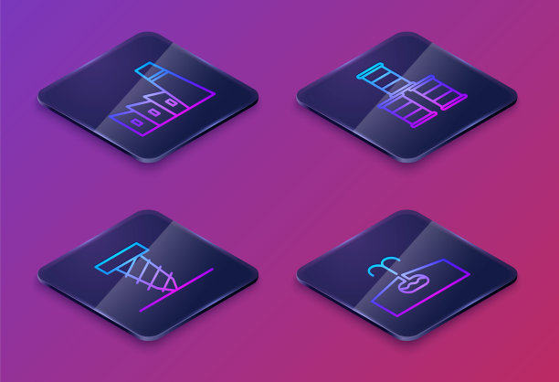 设置石油工业厂房等距线，旋转钻机挖孔，桶油和油田。蓝色方块按钮。向量图片下载