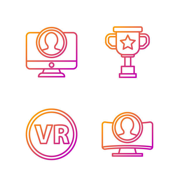 设置行创建帐户屏幕，虚拟现实眼镜，创建帐户屏幕和奖励杯。渐变颜色图标。向量图片下载