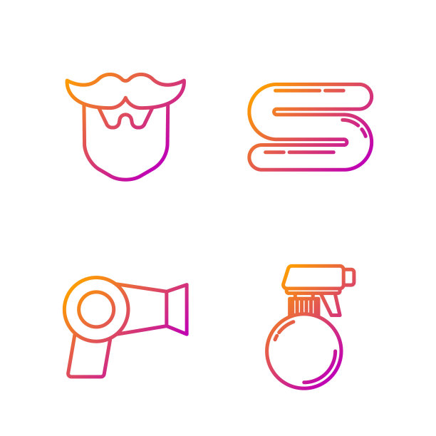 设发型师手枪喷雾器，吹风机，胡子，胡子和毛巾。渐变颜色图标。向量图片下载