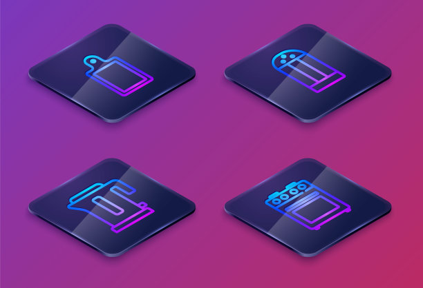 设置等距线切菜板，电水壶，盐和烤箱。蓝色方块按钮。向量图片下载