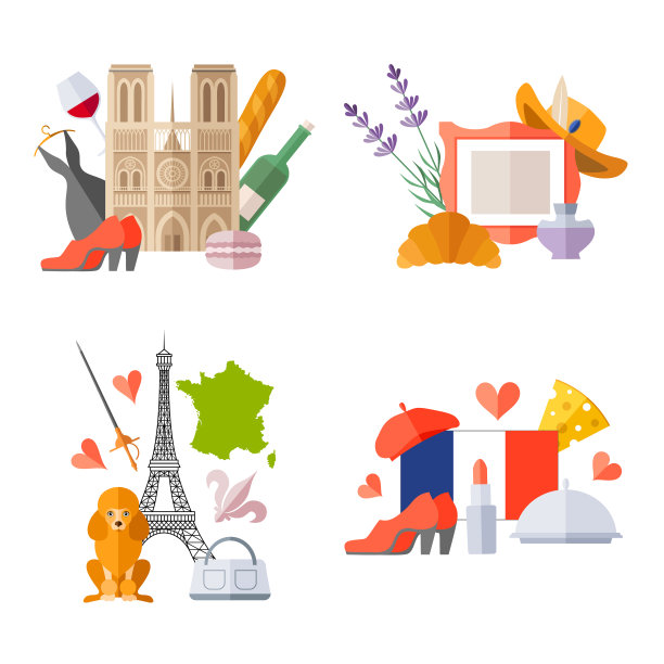 Flat travel france作文。一套矢量插图。图片下载