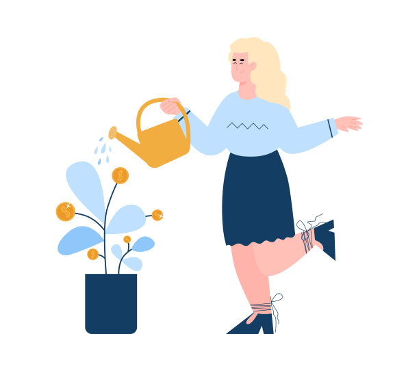 商人浇钱树，卡通平面矢量插图孤立。图片下载