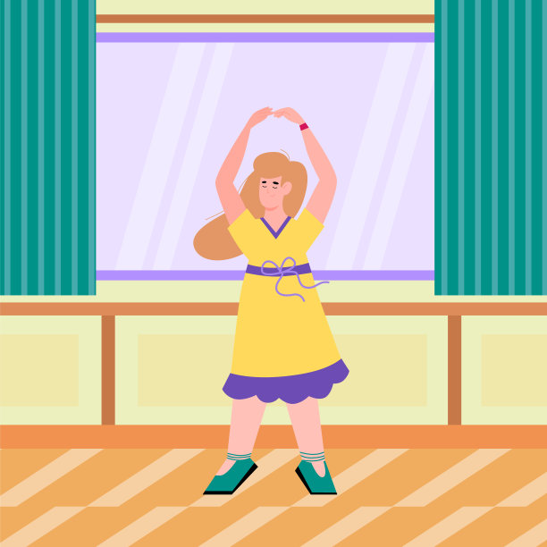 跳舞的女人在黄色的衣服在室内平面卡通矢量插图。图片下载