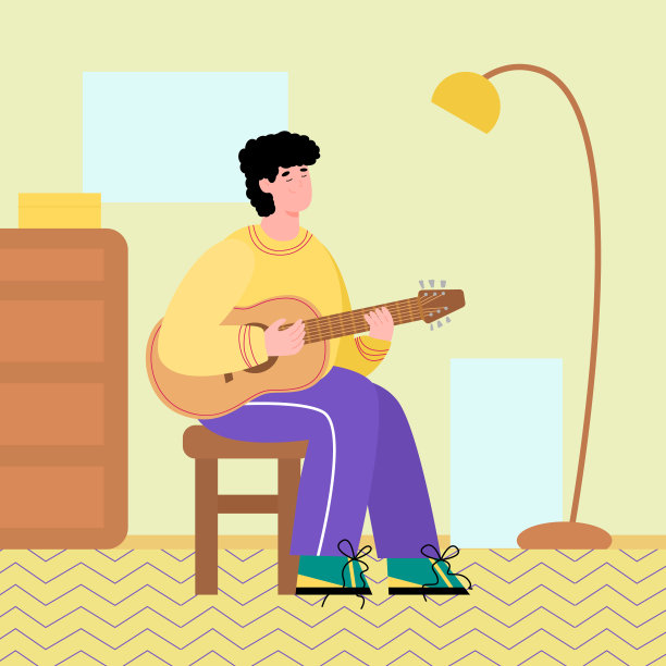 男人在家弹吉他享受爱好，扁平风格卡通矢量插图图片下载