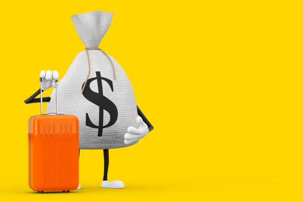 捆绑乡村帆布亚麻钱袋或钱袋和美元标志人物吉祥物与橙色旅行箱。3d渲染图片下载