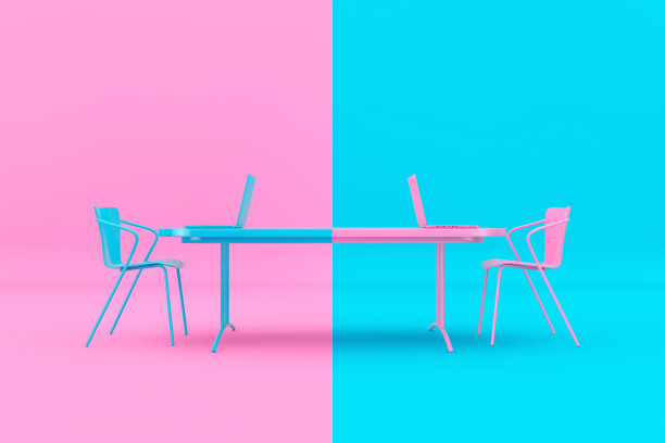 冲突的概念。粉色和蓝色椅子，笔记本电脑和桌子作为双色调风格。3d渲染图片下载