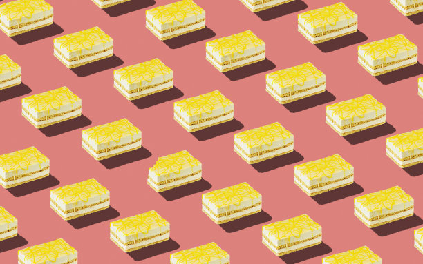 时尚的无缝食物模式-多层海绵蛋糕在柔和的背景，最小的食物等距概念纹理。图片下载