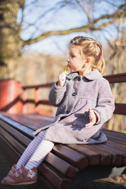 优雅时尚的小女孩扎着辫子，穿着时髦的灰色外套、紧身裤，坐在户外秋季公园的木凳上吃着棒棒糖。时尚秋照拍摄。家人走。概要侧视图图片下载