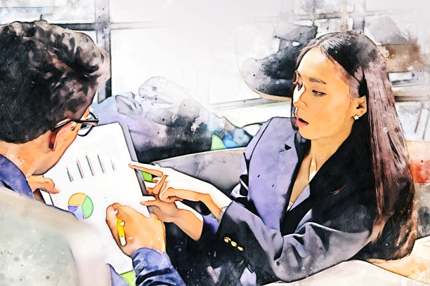 抽象商业伙伴的谈话和讨论的水彩插图绘画背景。图片下载