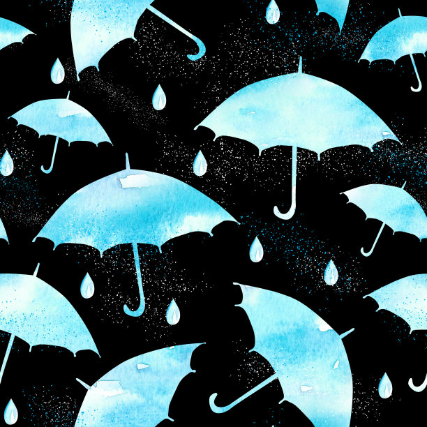 伞的轮廓在黑色的背景与雨滴，无海洋的模式图片下载