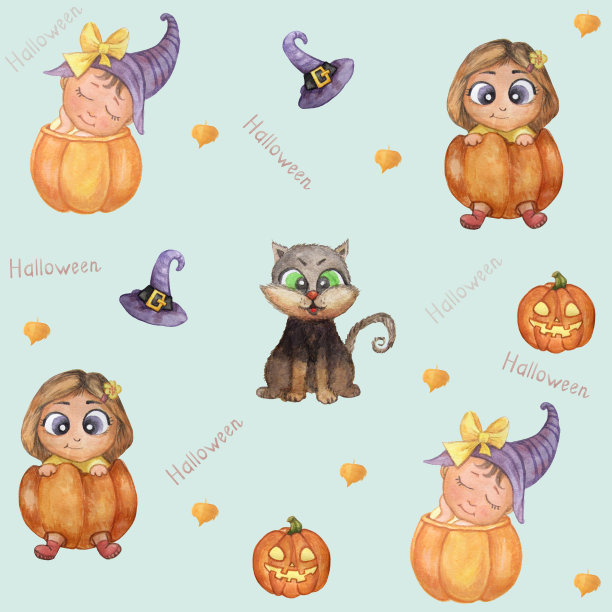 可爱的插图——橙色南瓜里的孩子，戴着女巫帽闭着眼睛睡觉的孩子，南瓜杰克和一只黑猫。水彩。蓝色背景与黄色的叶子和文字。图片下载