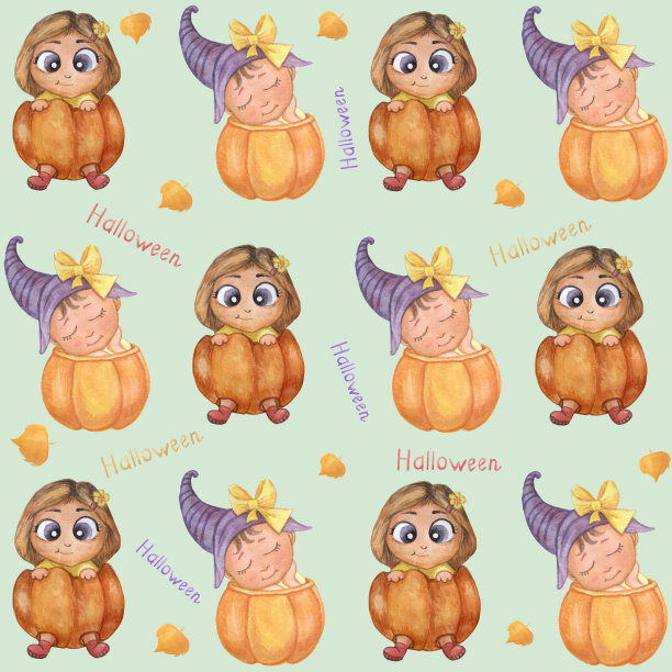 无缝模式。万圣节。可爱的插图-孩子们在一个橙色的南瓜。一个闭着眼睛戴着女巫帽的孩子。有一双大眼睛的女孩。水彩。蓝色背景与文字和黄色的叶子。图片下载