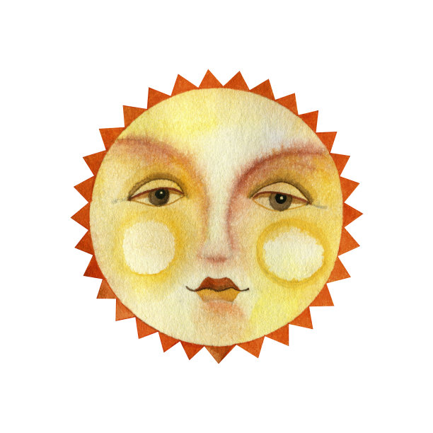 太阳圆盘带有女性的脸，饰以饰物。水彩插图。图片下载