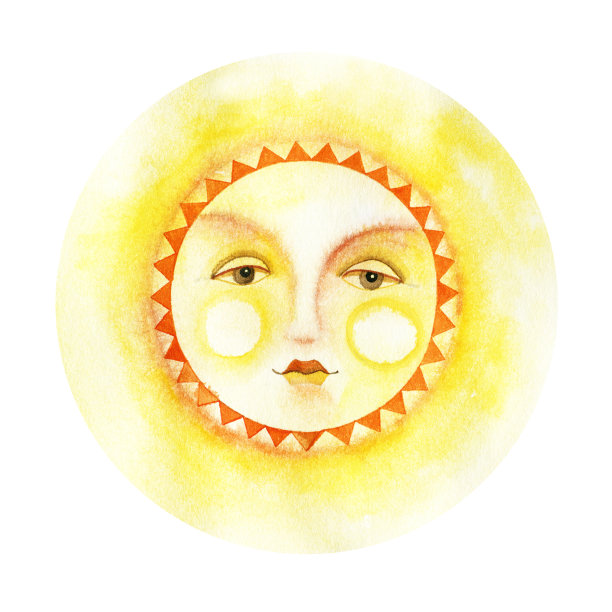 太阳圆盘带有女性的脸，饰以饰物。水彩插图。图片下载