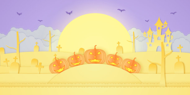 万圣节南瓜头有城堡，山上的墓地和超级月亮，纸艺术风格图片下载
