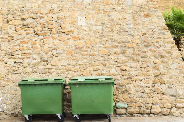 旧墙边有两个绿色垃圾桶图片下载
