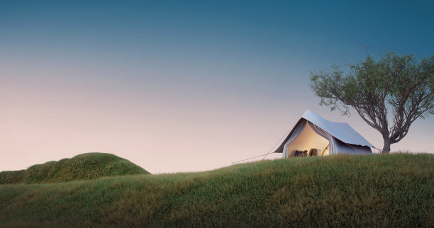 露营。晚上科学。帐篷下的大树在草地上，小山，山。三维渲染图片下载