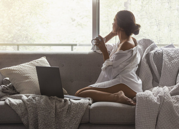 漂亮的年轻女子坐在豪华公寓的沙发上使用笔记本电脑。图片下载