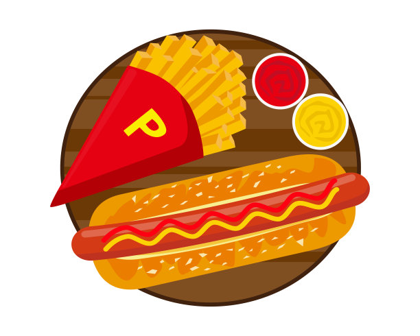 矢量图的热狗与芥末和番茄酱酱。炸薯条图片下载