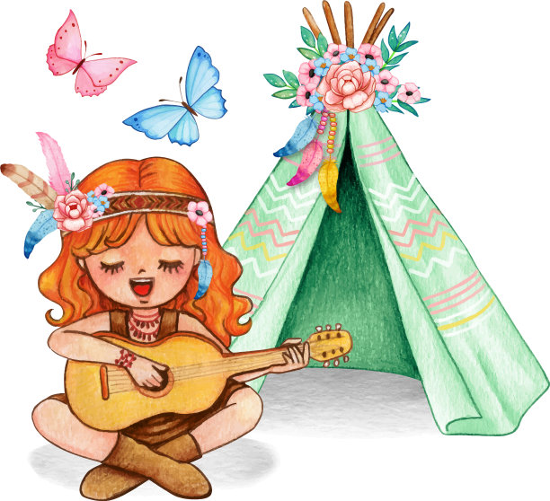 可爱的水彩姜女孩弹吉他和图片下载