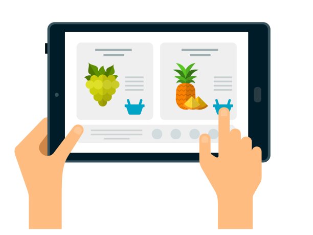 产品卡在平板电脑上，用手进行在线订购，平面图标矢量隔离图片下载