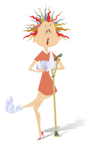 漫画女人带着绷带和拐杖孤立在白色插图上图片下载