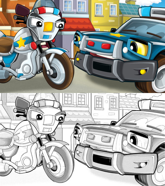 卡通素描每天汽车微笑和驾驶通过城市图片下载