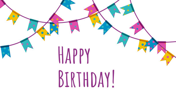生日快乐，旗帜，花环和题词。旗子用绳子从上面挂下来。矢量图图片下载