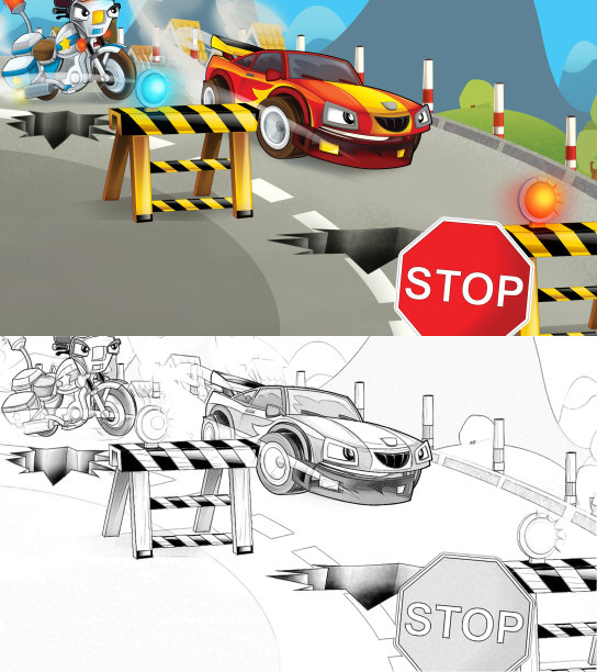 卡通素描每天汽车微笑和驾驶通过城市图片下载