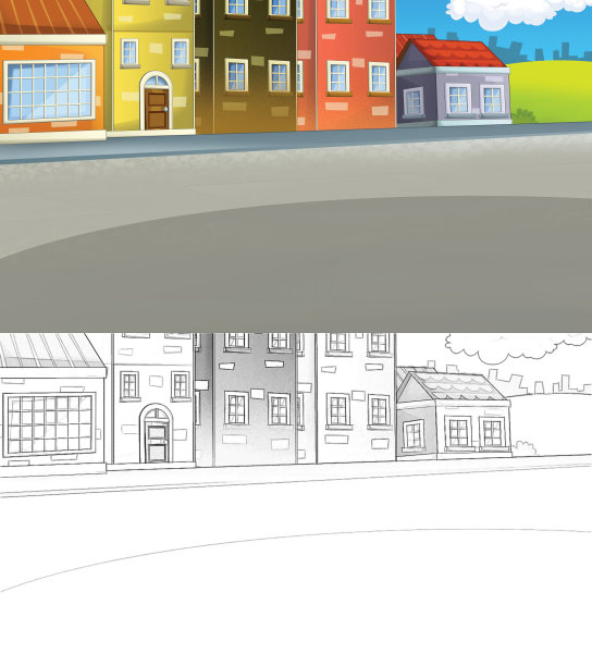 卡通素描每天汽车微笑和驾驶通过城市图片下载