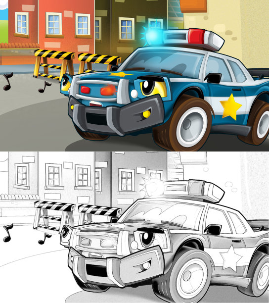 卡通素描每天汽车微笑和驾驶通过城市图片下载