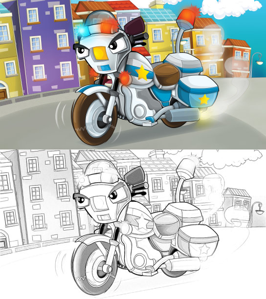 警察开车穿过城市的卡通素描场景-插图图片下载