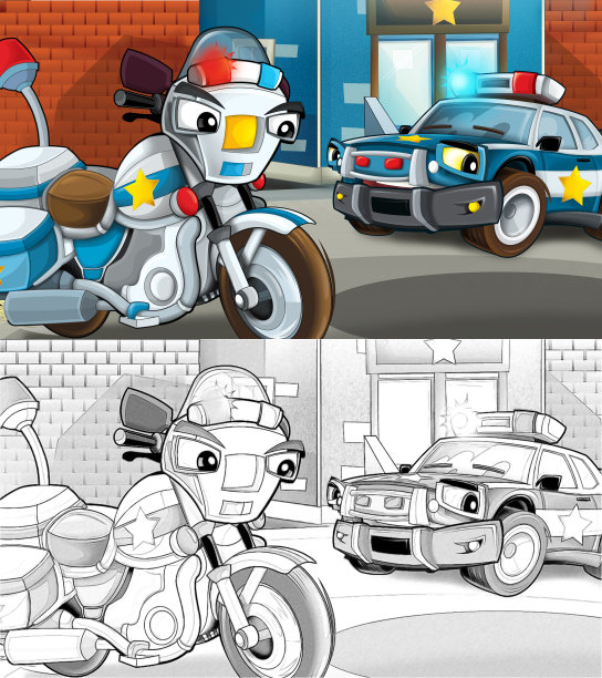 警察开车穿过城市的卡通素描场景-插图图片下载