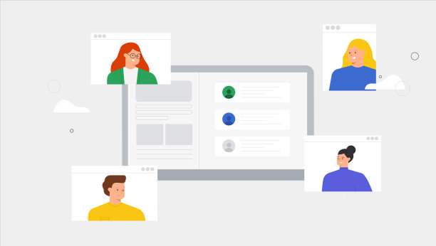 矢量时尚插图一群人的朋友会议在线视频电话会议。人视频通话、短信交谈、咨询、研讨会、在线培训理念。图片下载