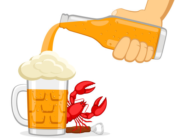 啤酒从瓶子里倒进一个有龙虾的白酒杯里。啤酒节图片下载