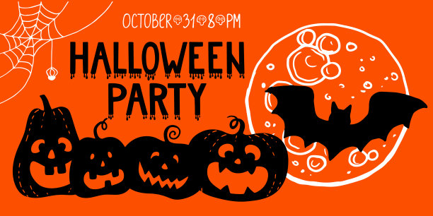 水平万圣节横幅web模板。手绘微笑可怕的南瓜黑色的剪影满月蝙蝠蜘蛛字母万圣节派对与血滴。股票矢量图图片下载