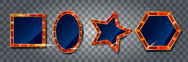 现实的迹象。框架与灯泡，矢量标志集发光效果在黑暗的背景。概念马戏团，电影等。矢量图图片下载