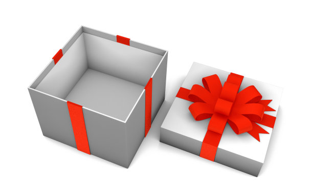 打开空盒子的礼物与红色丝带孤立的白色背景。3 d渲染。模型图片下载