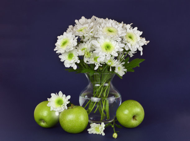 白色的菊花花束在玻璃花瓶和绿色的苹果在黑暗的背景图片下载