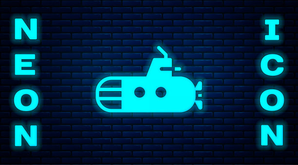 霓虹灯潜艇图标孤立在砖墙背景上。军事船舶。向量图片下载